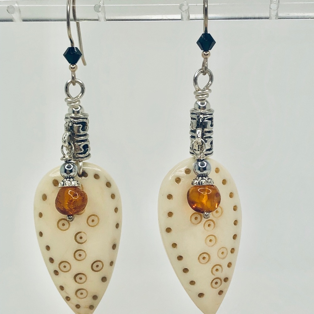 African Bone and Baltic Amber Earrings Sterling Silver